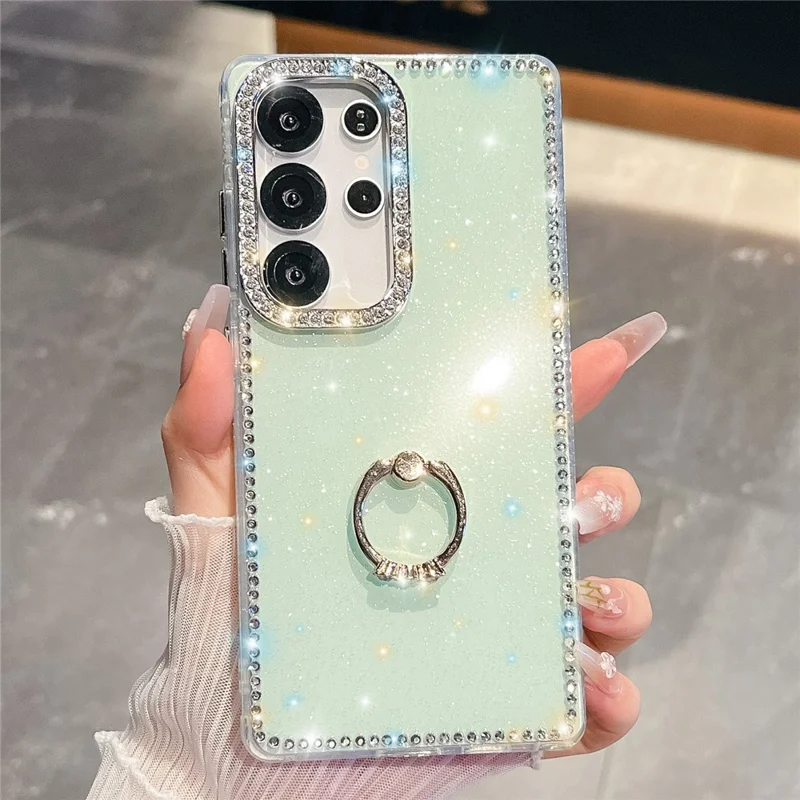 For Samsung Galaxy S24 Ultra Case with Ring Kickstand Rhinestone Edge TPU + PC IMD Phone Cover - Glitter Light Green