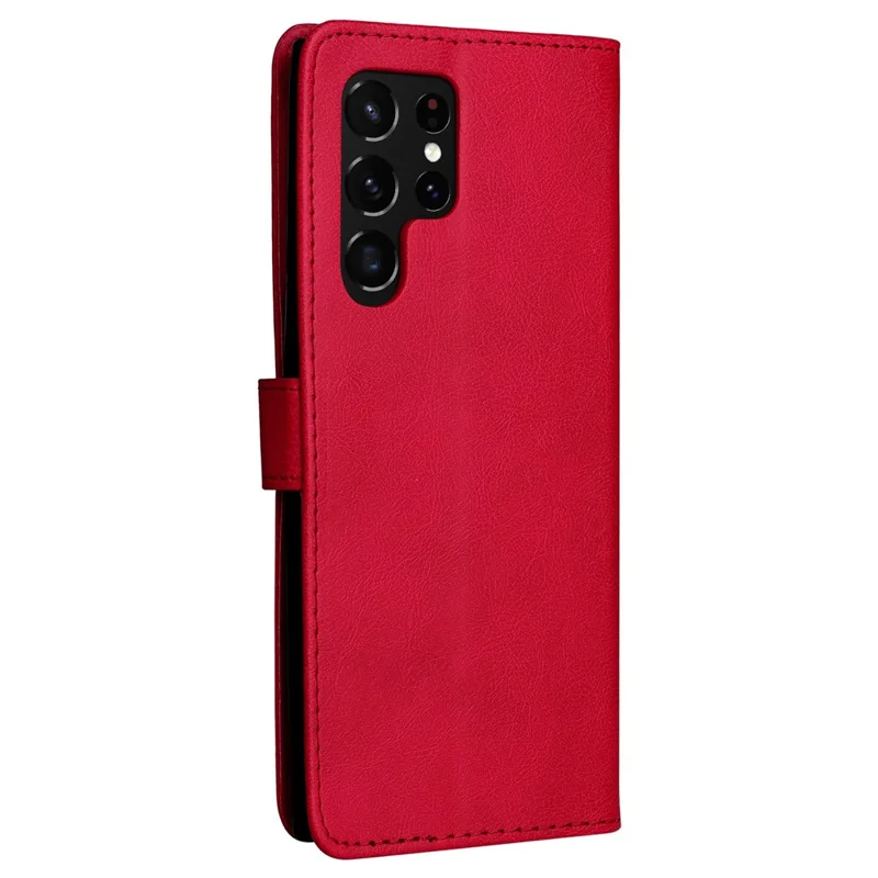 Voor Samsung Galaxy S23 Ultra Case Effen Kleur Leren Mobiele Cover Portemonnee Stand met Riempje - Rood
