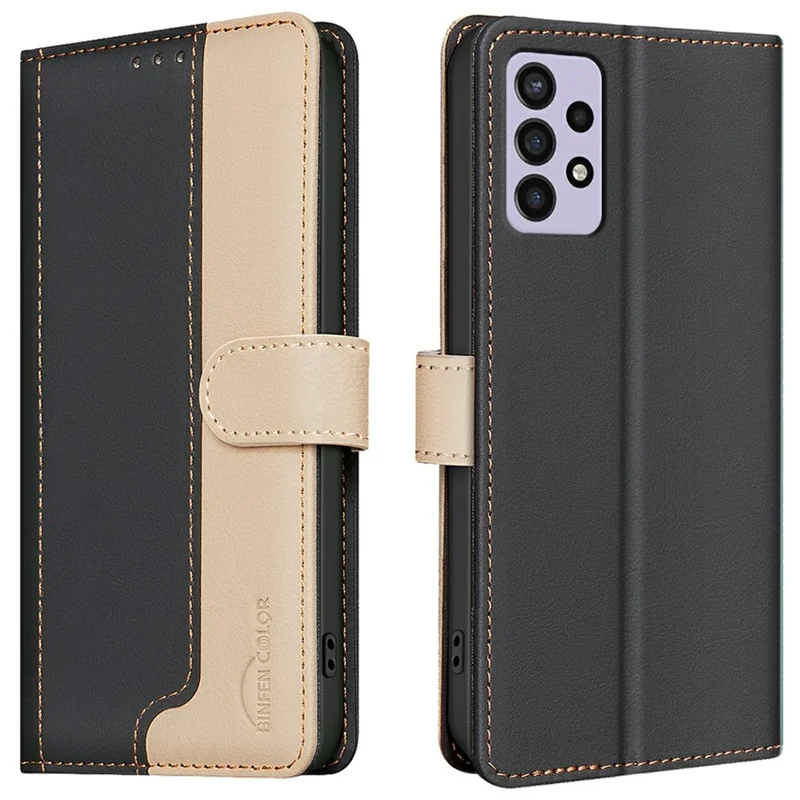 BINFEN COLOR BF33 Leather Case For Samsung Galaxy A52s 5G  /  A52 5G  /  A52 4G Splicing Color RFID Blocking Wallet Stand Phone Cover - Black