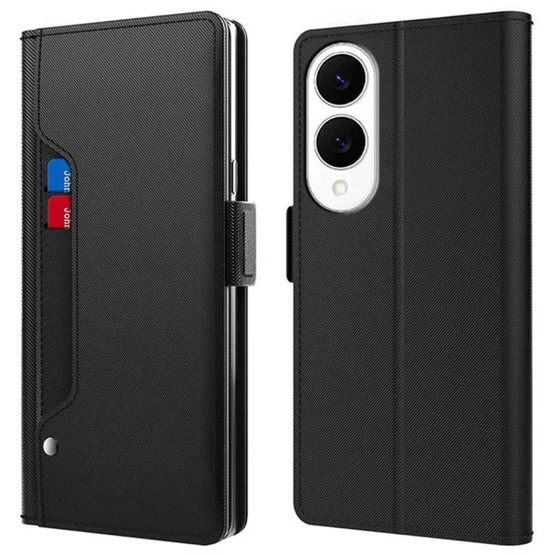 Cover per Samsung Galaxy S25 Edge con Supporto, in Pelle PU, Porta Carte e Specchio - Nero