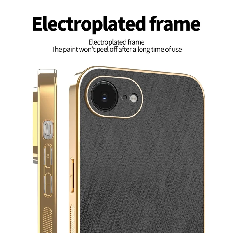 KADEM för iPhone 16e skal med elektropläterat silkestrukturat PU + TPU bakplatta - Svart