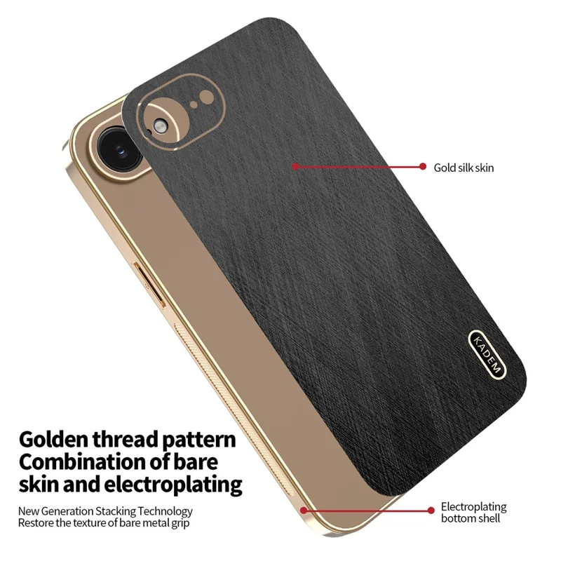 KADEM för iPhone 16e skal med elektropläterat silkestrukturat PU + TPU bakplatta - Svart