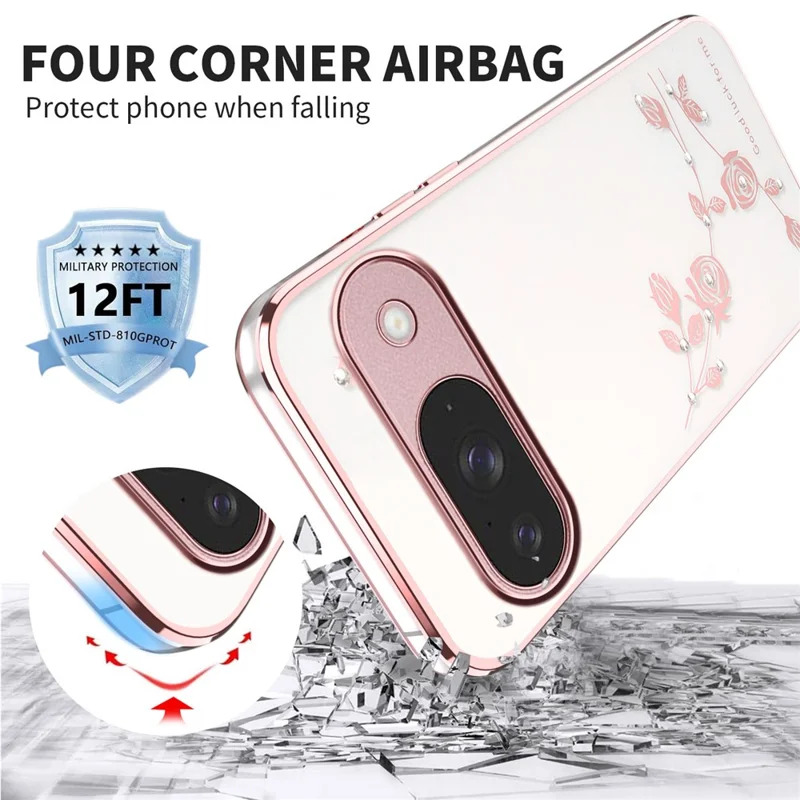 KADEM For Google Pixel 10 / Pixel 10 Pro Case Flower Rhinestone Decor TPU Phone Cover - Rose Gold