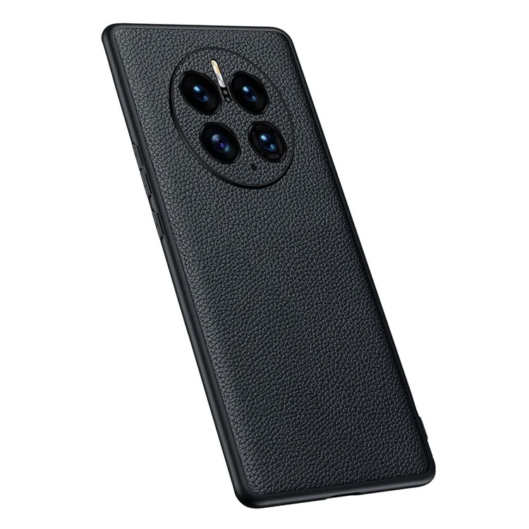 Pour Huawei Mate 50 Pro 4G Litchi Texture Metal Camera Protection Phone Case Cowhide Genuine Leather Coated TPU Shockproof Cover - Black