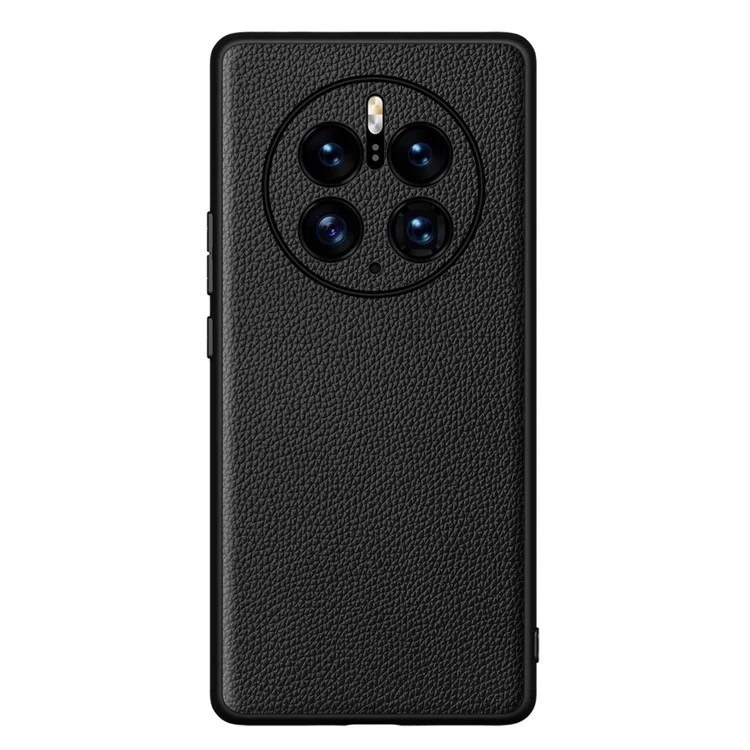 Pour Huawei Mate 50 Pro 4G Litchi Texture Metal Camera Protection Phone Case Cowhide Genuine Leather Coated TPU Shockproof Cover - Black