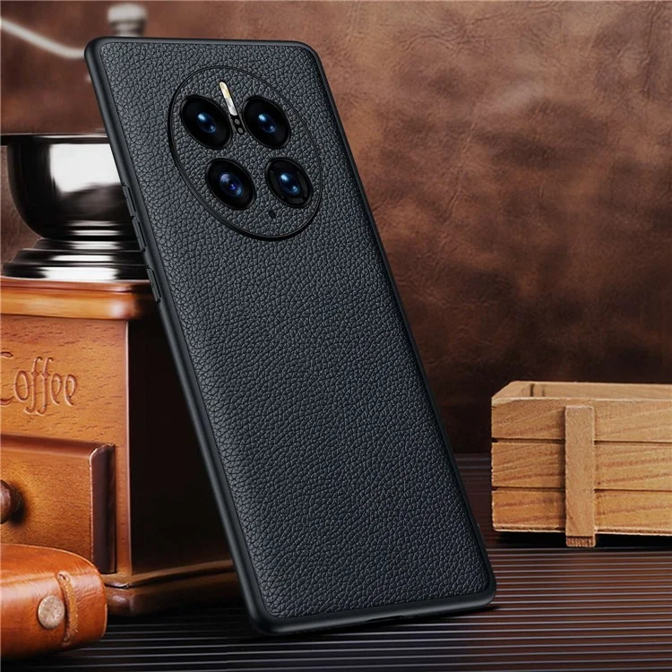 Pour Huawei Mate 50 Pro 4G Litchi Texture Metal Camera Protection Phone Case Cowhide Genuine Leather Coated TPU Shockproof Cover - Black