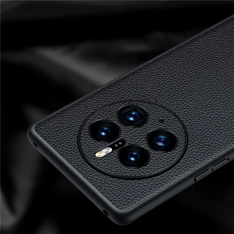 Pour Huawei Mate 50 Pro 4G Litchi Texture Metal Camera Protection Phone Case Cowhide Genuine Leather Coated TPU Shockproof Cover - Black