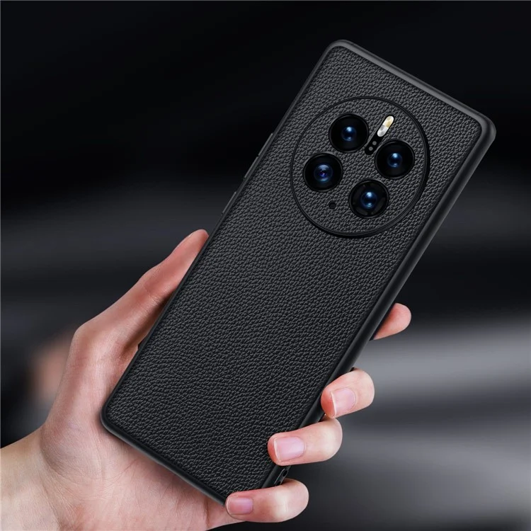 Pour Huawei Mate 50 Pro 4G Litchi Texture Metal Camera Protection Phone Case Cowhide Genuine Leather Coated TPU Shockproof Cover - Black