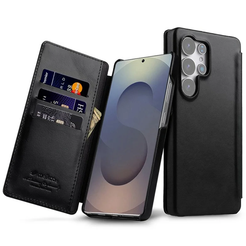 MELKCO Funda de cuero de vaca auténtico con ranuras para tarjetas para Samsung Galaxy S25 Ultra - Negro