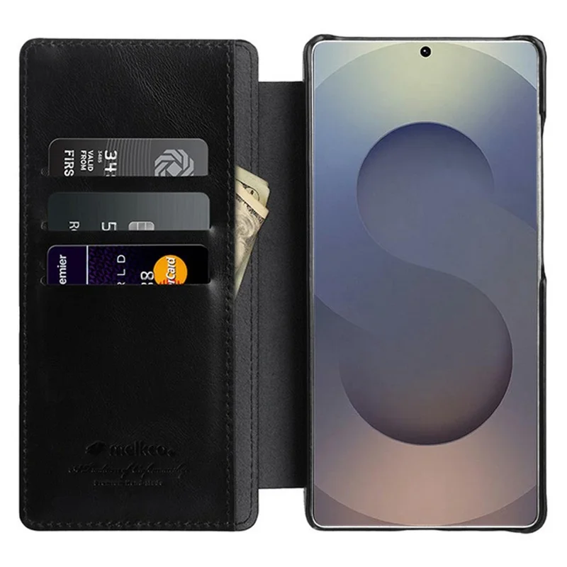 MELKCO Funda de cuero de vaca auténtico con ranuras para tarjetas para Samsung Galaxy S25 Ultra - Negro