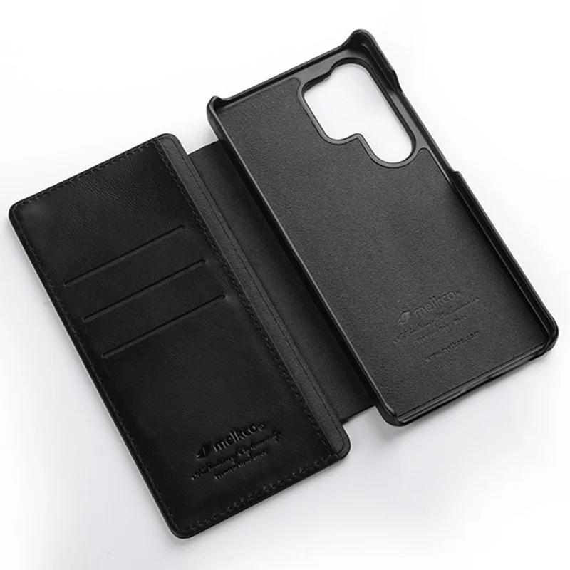 MELKCO Funda de cuero de vaca auténtico con ranuras para tarjetas para Samsung Galaxy S25 Ultra - Negro
