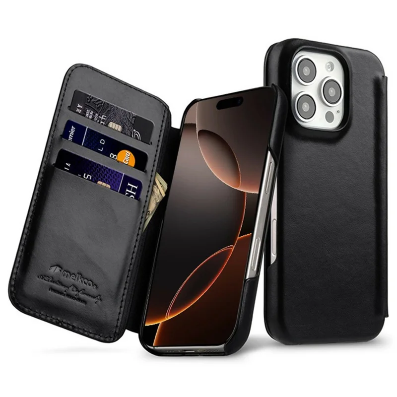 MELKCO Чехол для iPhone 16 Pro, совместимый с MagSafe, с отделениями для карт из натуральной коровьей кожи - Черный