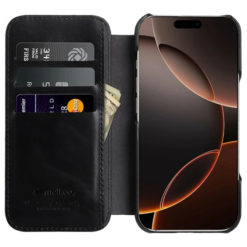 MELKCO Чехол для iPhone 16 Pro, совместимый с MagSafe, с отделениями для карт из натуральной коровьей кожи - Черный