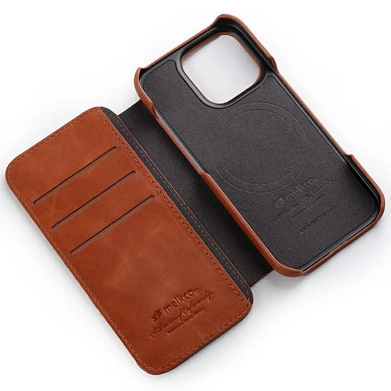 MELKCO Per iPhone 16 Pro Custodia Compatibile con Slot per Schede MagSafe Vera Pelle Bovina Custodia per Telefono - Marrone