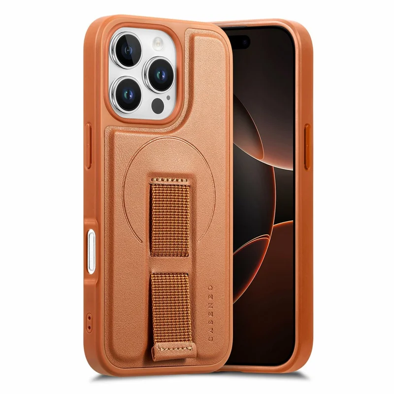 CASENEO For iPhone 16 Pro Magnetic Case Wristband PU Leather + PC Shockproof Phone Cover - Brown
