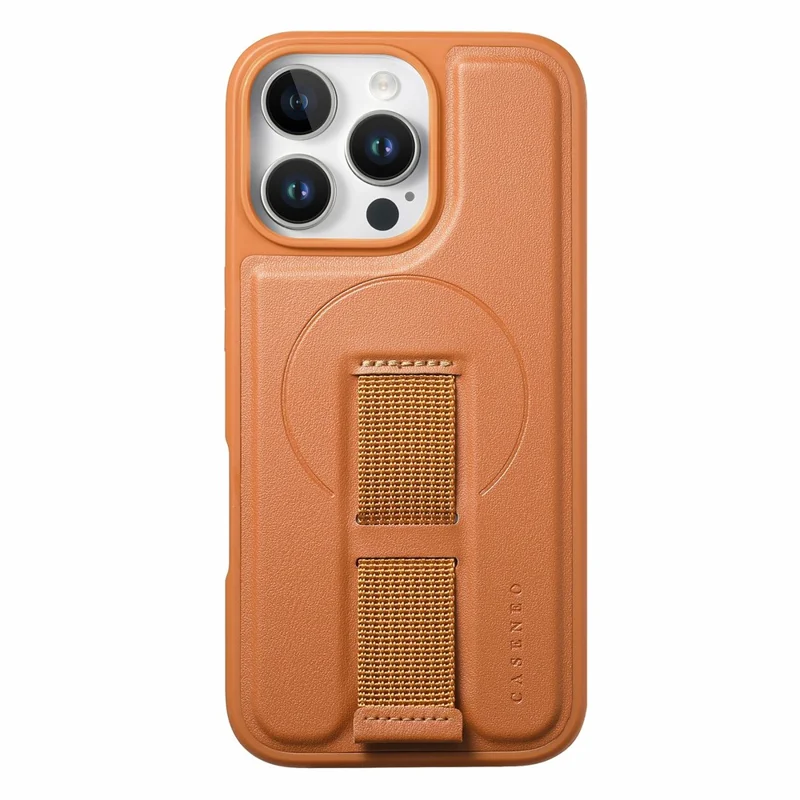 CASENEO For iPhone 16 Pro Magnetic Case Wristband PU Leather + PC Shockproof Phone Cover - Brown