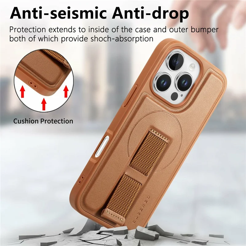 CASENEO For iPhone 16 Pro Magnetic Case Wristband PU Leather + PC Shockproof Phone Cover - Brown