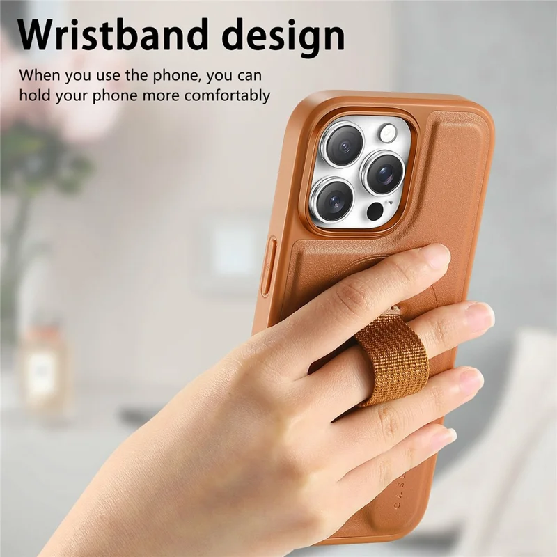 CASENEO For iPhone 16 Pro Magnetic Case Wristband PU Leather + PC Shockproof Phone Cover - Brown