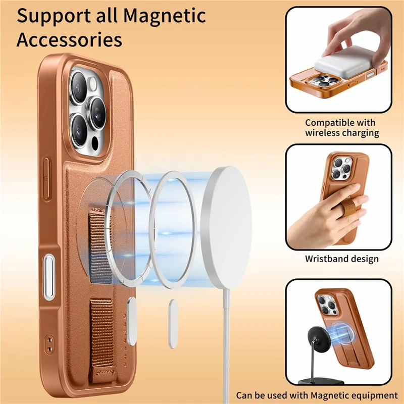 CASENEO For iPhone 16 Pro Magnetic Case Wristband PU Leather + PC Shockproof Phone Cover - Brown