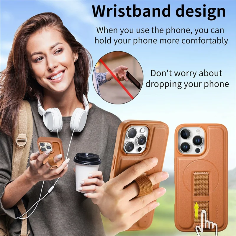 CASENEO For iPhone 16 Pro Magnetic Case Wristband PU Leather + PC Shockproof Phone Cover - Brown