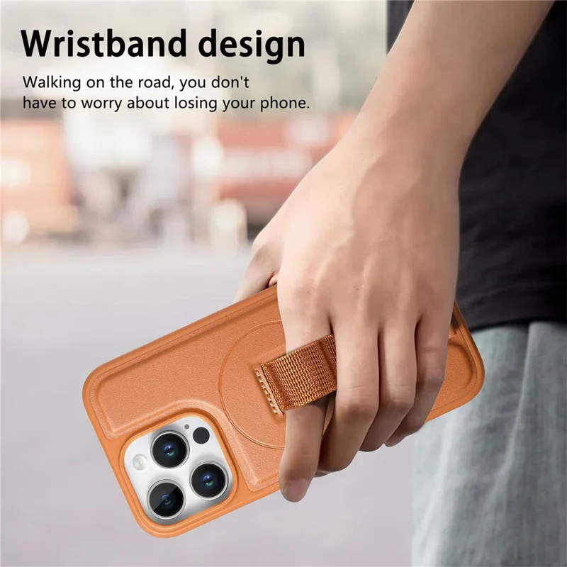 CASENEO For iPhone 16 Pro Magnetic Case Wristband PU Leather + PC Shockproof Phone Cover - Brown
