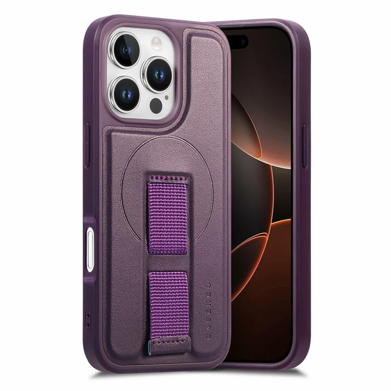 CASENEO For iPhone 16 Pro Magnetic Case Wristband PU Leather + PC Shockproof Phone Cover - Purple