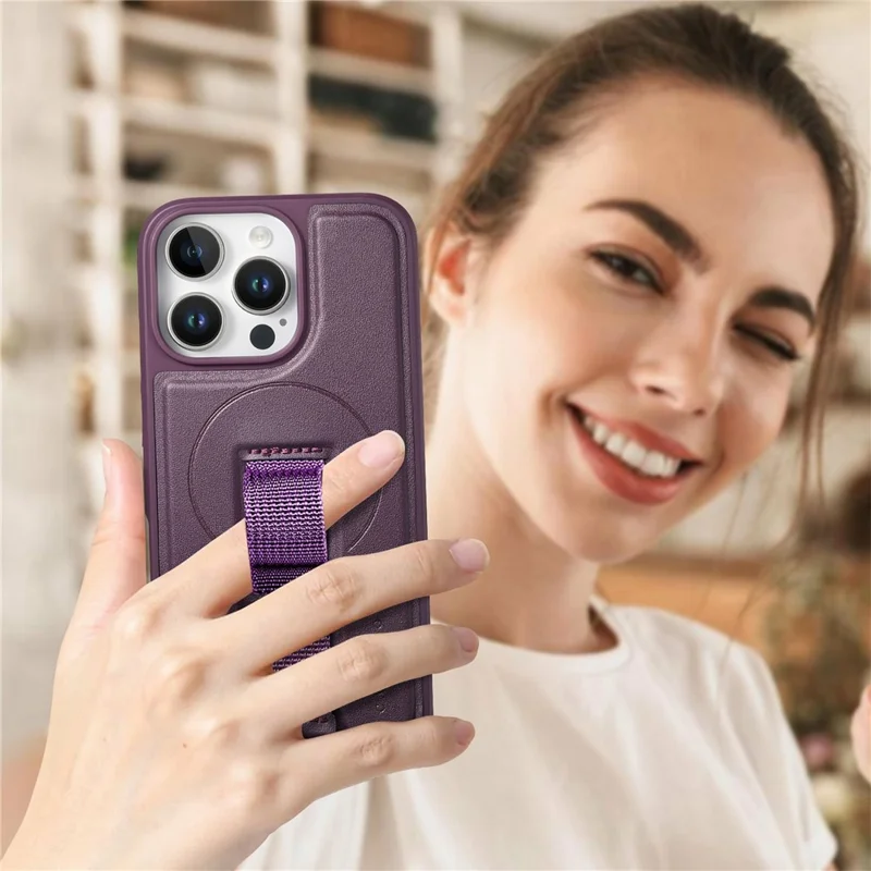 CASENEO For iPhone 16 Pro Magnetic Case Wristband PU Leather + PC Shockproof Phone Cover - Purple