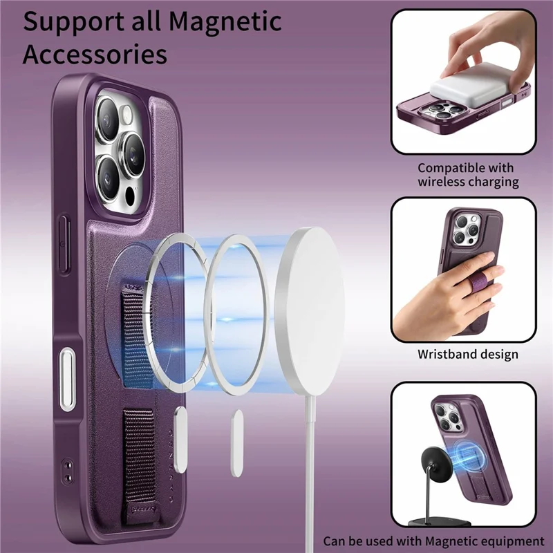 CASENEO For iPhone 16 Pro Magnetic Case Wristband PU Leather + PC Shockproof Phone Cover - Purple