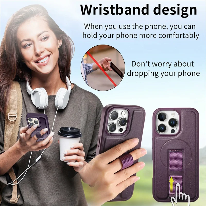 CASENEO For iPhone 16 Pro Magnetic Case Wristband PU Leather + PC Shockproof Phone Cover - Purple