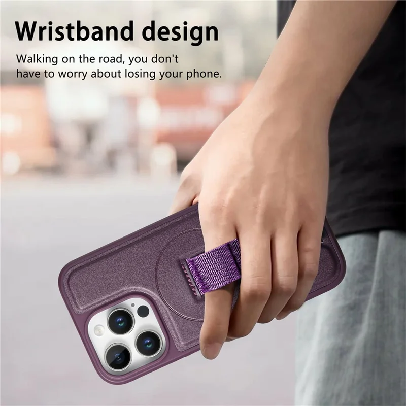 CASENEO For iPhone 16 Pro Magnetic Case Wristband PU Leather + PC Shockproof Phone Cover - Purple