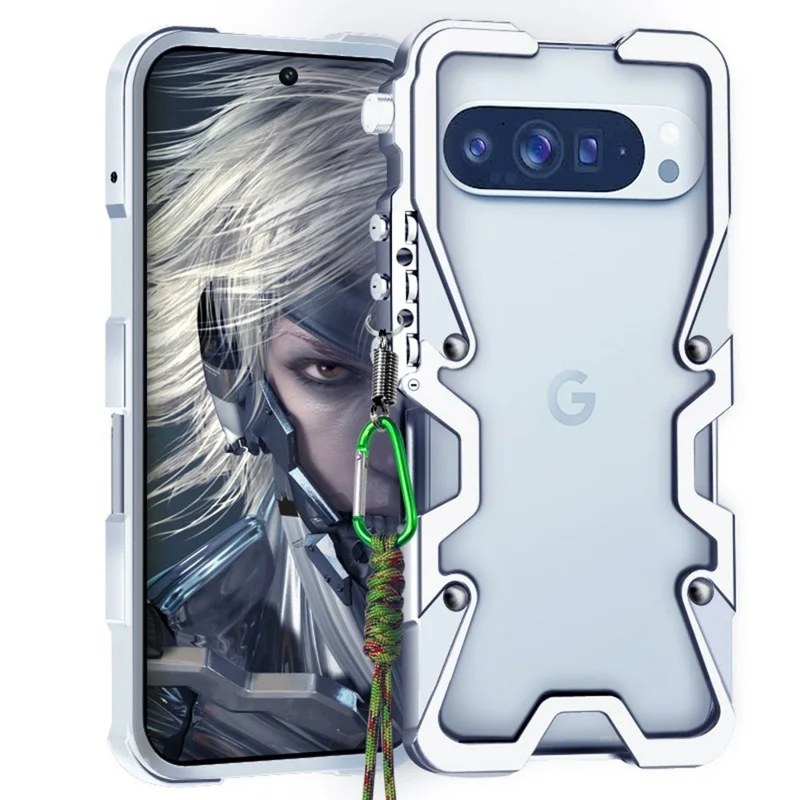 For Google Pixel 9 / 9 Pro Bumper Case Aluminium Alloy Metal Phone Shell Cover with Strap - Silver