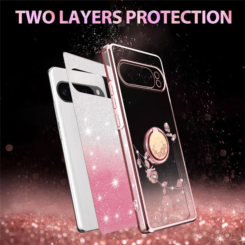 KADEM Pour Google Pixel 10 / 10 Pro Étui avec Anneau Support TPU Fleurs Coque de Téléphone Dégradé Pailleté - Or Rose