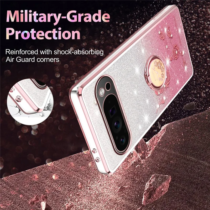 KADEM Pour Google Pixel 10 / 10 Pro Étui avec Anneau Support TPU Fleurs Coque de Téléphone Dégradé Pailleté - Or Rose