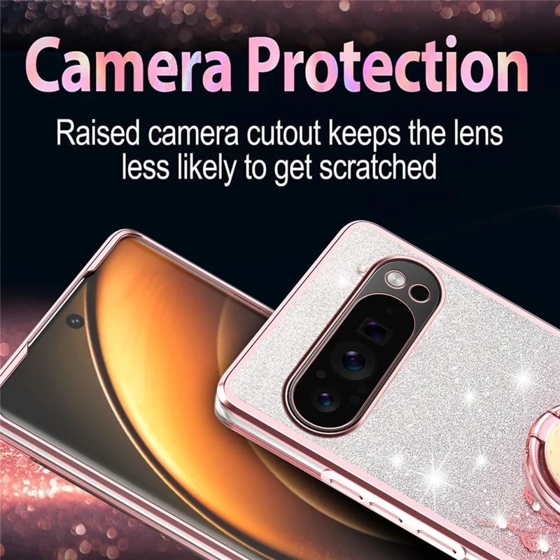 KADEM Pour Google Pixel 10 / 10 Pro Étui avec Anneau Support TPU Fleurs Coque de Téléphone Dégradé Pailleté - Or Rose