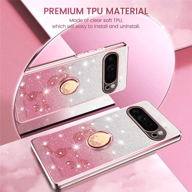 KADEM Pour Google Pixel 10 / 10 Pro Étui avec Anneau Support TPU Fleurs Coque de Téléphone Dégradé Pailleté - Or Rose