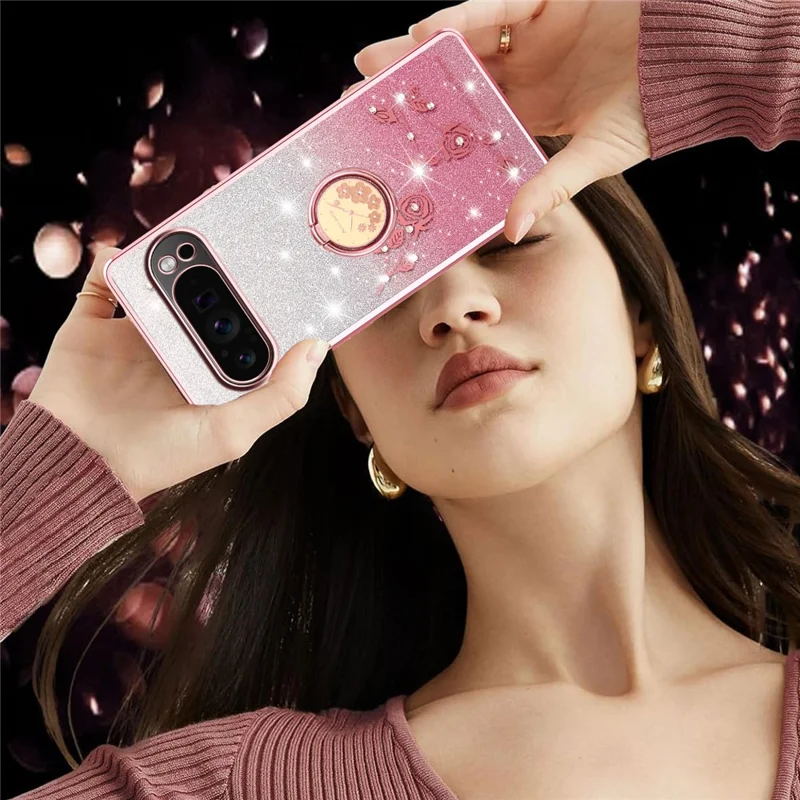 KADEM Pour Google Pixel 10 / 10 Pro Étui avec Anneau Support TPU Fleurs Coque de Téléphone Dégradé Pailleté - Or Rose