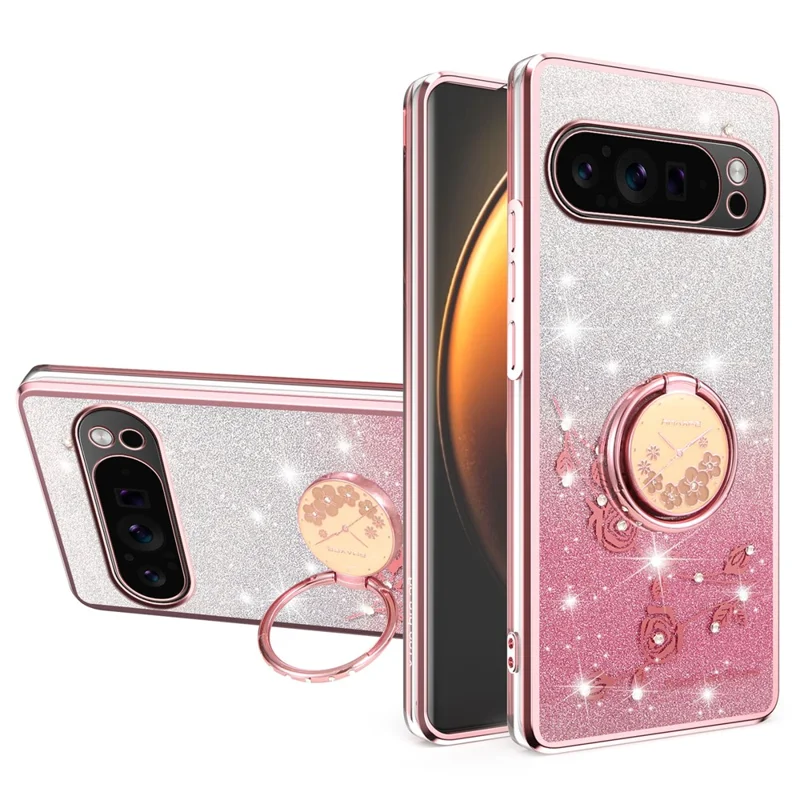KADEM For Google Pixel 10 Pro XL Case Ring Kickstand TPU Flowers Phone Cover Gradient Glitter - Rose Gold