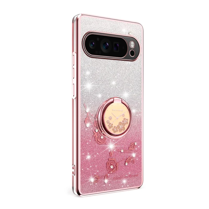 KADEM For Google Pixel 10 Pro XL Case Ring Kickstand TPU Flowers Phone Cover Gradient Glitter - Rose Gold