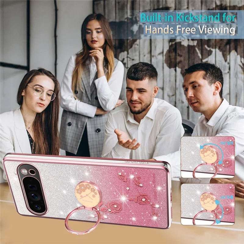 KADEM For Google Pixel 10 Pro XL Case Ring Kickstand TPU Flowers Phone Cover Gradient Glitter - Rose Gold