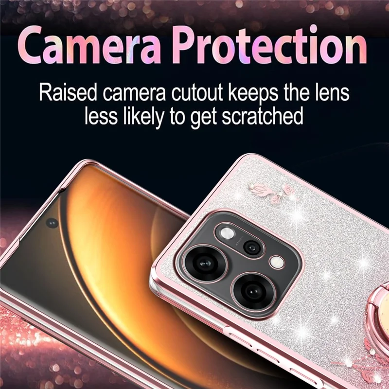 KADEM Für Oppo Reno14 5G (Global) Hülle mit Ring-Ständer TPU Blumen Handyhülle Farbverlauf Glitzer - Roségold