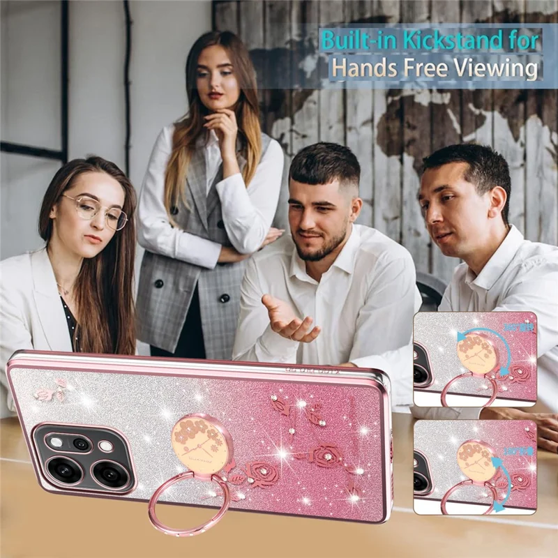 KADEM Für Oppo Reno14 5G (Global) Hülle mit Ring-Ständer TPU Blumen Handyhülle Farbverlauf Glitzer - Roségold