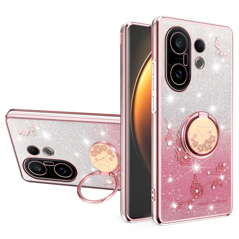 Чехол KADEM для vivo S30 Pro mini 5G с кольцом-подставкой, из ТПУ с цветочным принтом и градиентным блеском - Розовое золото