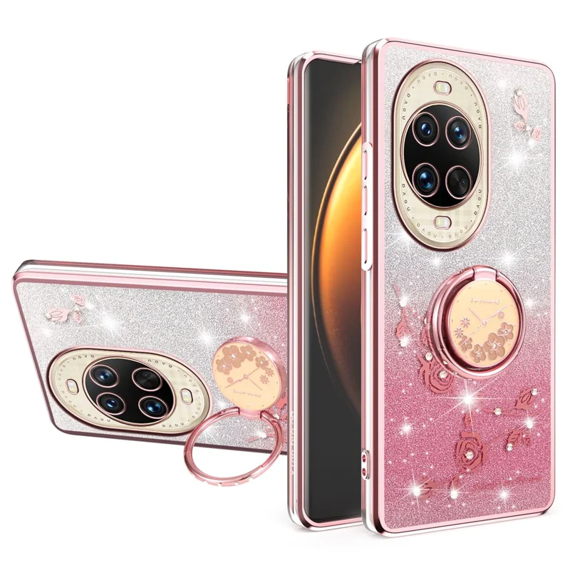 KADEM Para Huawei nova 14 Ultra 5G Capa Anel Suporte TPU Flores Capa de Telefone Gradiente Brilhante - Ouro Rosa
