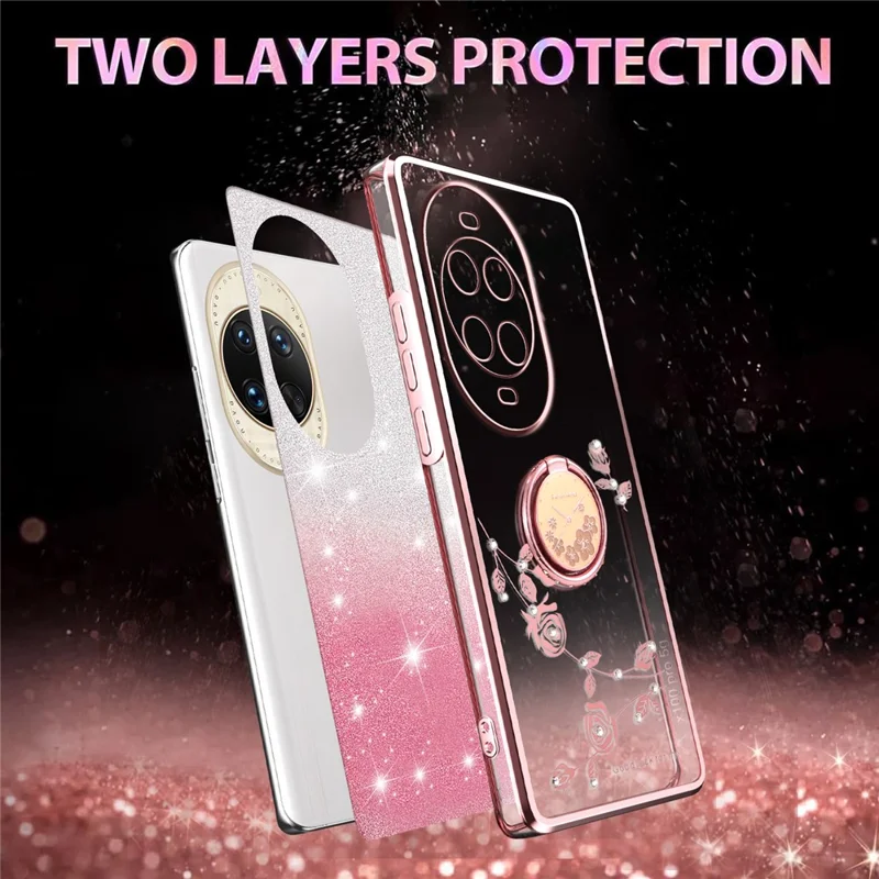KADEM Para Huawei nova 14 Ultra 5G Capa Anel Suporte TPU Flores Capa de Telefone Gradiente Brilhante - Ouro Rosa