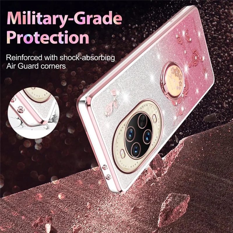 KADEM Para Huawei nova 14 Ultra 5G Capa Anel Suporte TPU Flores Capa de Telefone Gradiente Brilhante - Ouro Rosa
