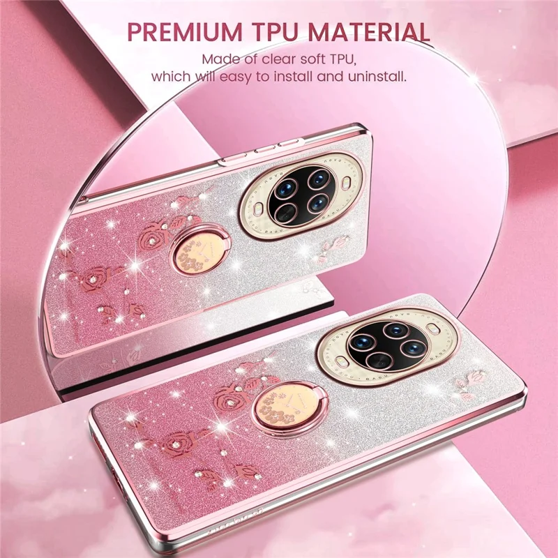 KADEM Para Huawei nova 14 Ultra 5G Capa Anel Suporte TPU Flores Capa de Telefone Gradiente Brilhante - Ouro Rosa