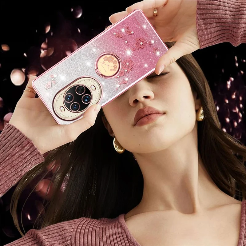 KADEM Para Huawei nova 14 Ultra 5G Capa Anel Suporte TPU Flores Capa de Telefone Gradiente Brilhante - Ouro Rosa