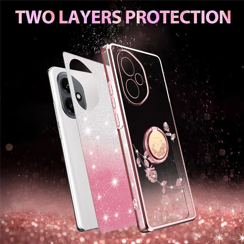 KADEM Pour l'honneur 400 5G (Mondial) Étui Anneau Support TPU Fleurs Housse de téléphone Dégradé Paillettes - Or rose