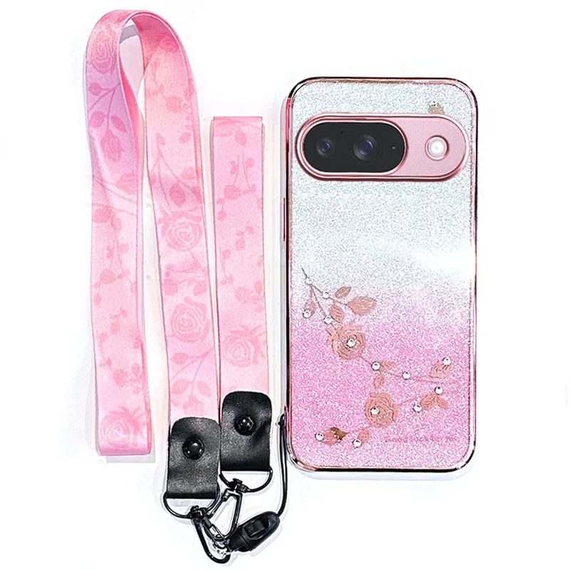 KADEM For Google Pixel 10 / 10 Pro Case Flower Pattern TPU Gradient Phone Cover with Lanyards - Rose Gold
