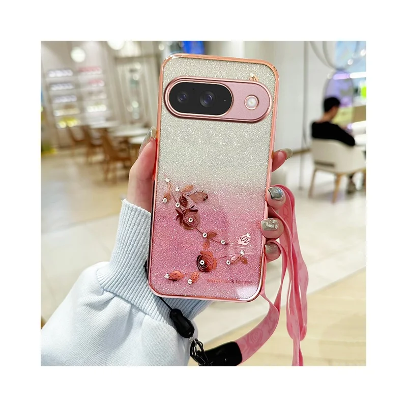 KADEM For Google Pixel 10 / 10 Pro Case Flower Pattern TPU Gradient Phone Cover with Lanyards - Rose Gold